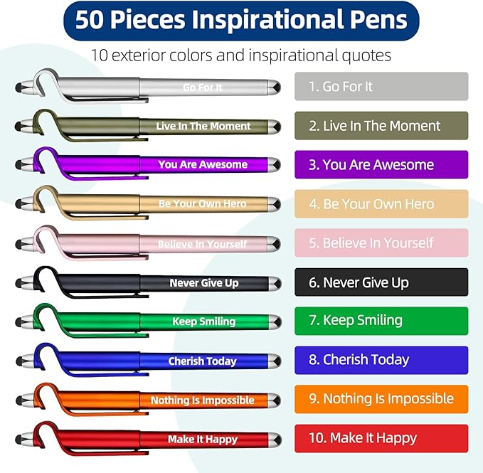 100 Pcs Inspirational Pens Batch, Motivational Ballpoint Pen with Writing Touch Screen And Mobile Phone Stand 3-in-1, Black Ink Office Encouraging Quotes, Office School Supplies Inspirational Gifts