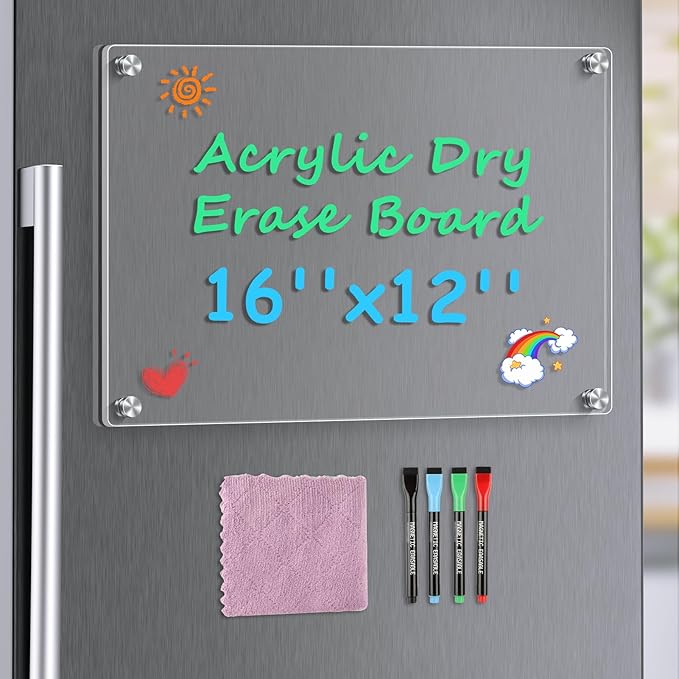 MaxGear 16"x12" Acrylic Dry Erase Board, Clear Magnetic Fridge WhiteBoard Mini Acrylic Memo Notepad for Refridgerator, Kitchen Menu Board Meal Planner Schedule Board, Include 4 Markers, 1 Cloth
