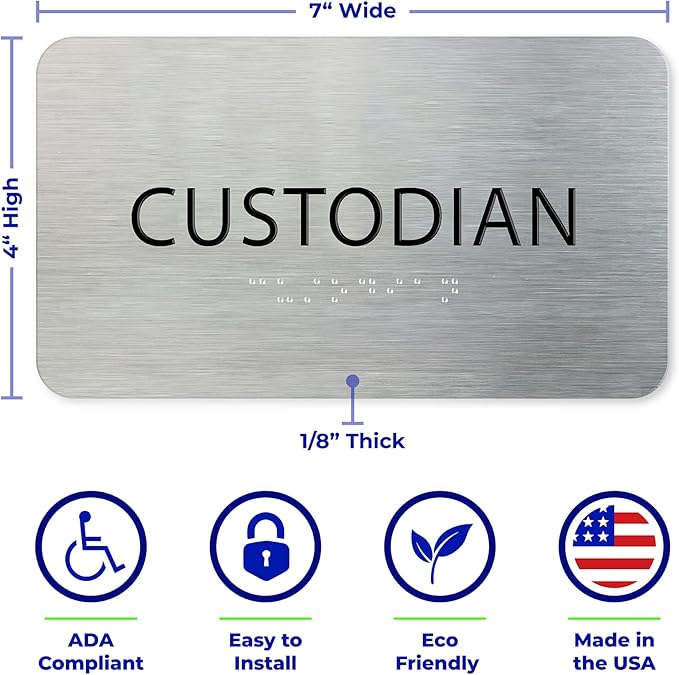 ADA Custodian Closet Sign for Business - Office Signs, Aluminum Brushed Silver, Tamper-Proof, Heavy Duty Mounting Tape, Easy Install, Office Décor, ADA Compliant, Grade 2 Braille (7”W x 4”H) ADASigns.org
