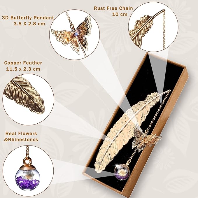 Toirxarn Gold Feather Bookmark with Butterfly Charm - Elegant Bookmarks for Women, Book Lovers Gifts, Book Marker for Reading, Teacher Appreciation Gifts, Stocking Stuffers, Unique Birthday Gifts