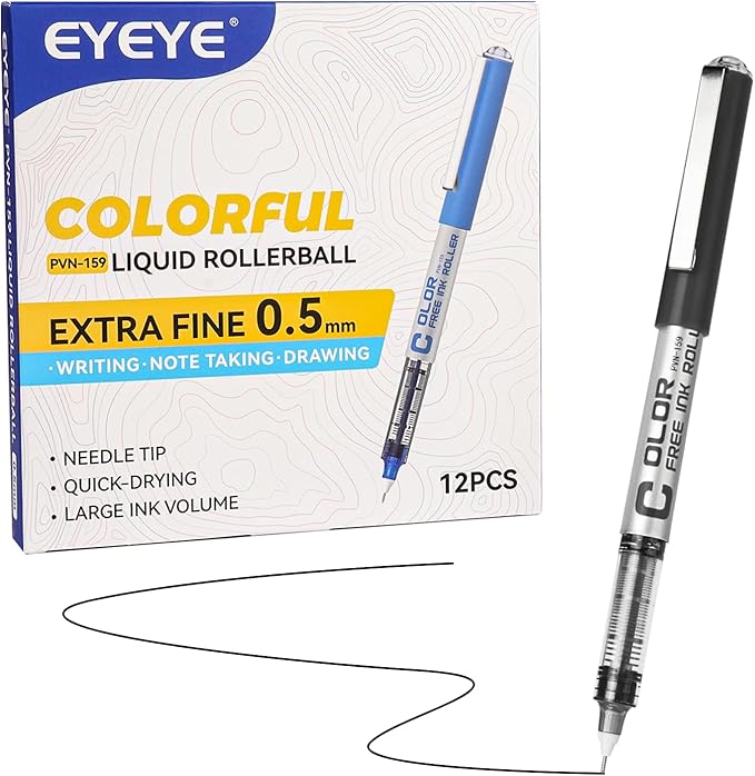 EYEYE Black Rollerball Pens 0.5mm Needle Tip, 12 Pack Extra Fine Point Roller Ball Pen Quick Dry, Liquid Ink Pens Fine Point Smooth Writing Pen for Journaling, Note Taking, Office, School Supplies