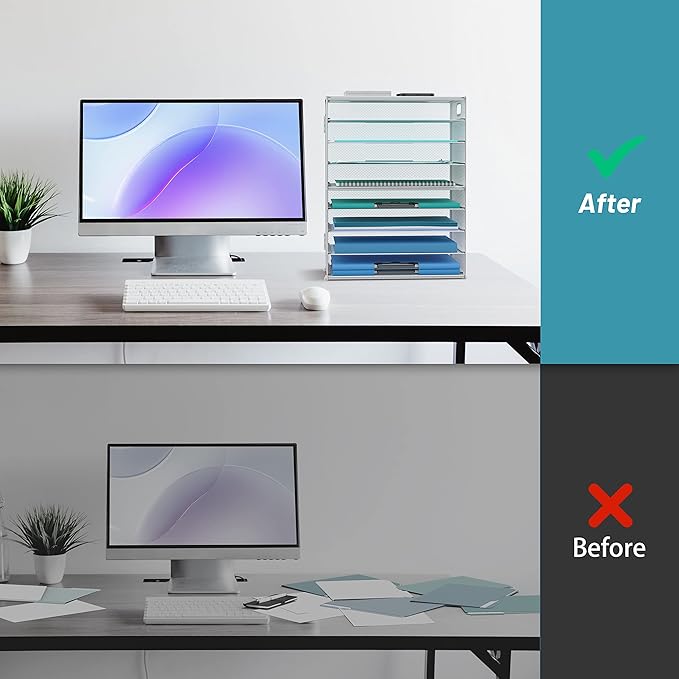 DALTACK 9-Tier Paper Letter Tray Desk Organizer with Handles, Mesh File Holder Organization, Paper Sorter Desk Organizer for Office Home School, White 2 Pack