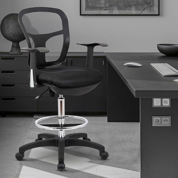 OfficeFactor Drafting Chair Tall Office Chair with Arms Executive Ergonomic Standing Desk Chair with Anti Scratch Wheels and Footrest