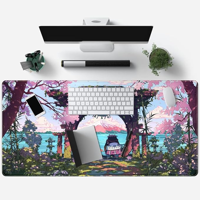 Pink Japan Desk Pad Anime Gaming Green Mouse Pad Large Mouse Pad For Desk Computer Pc Laptop Office Decor For Women, Anime Mouse Keyboard Pad Stitched Edges Non-Slip Rubber Mat Desk Pad (31.5x15.7 In)
