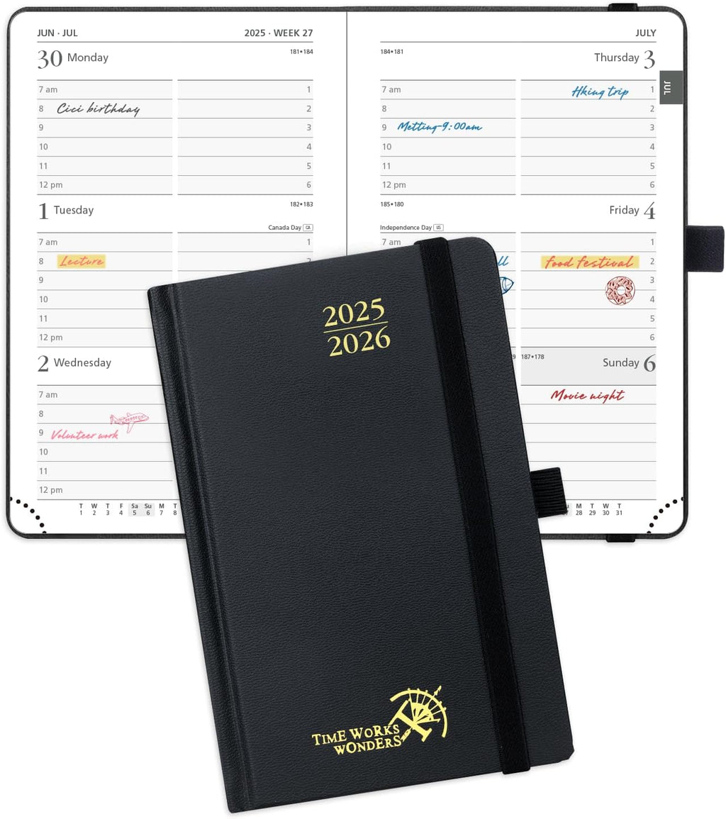 POPRUN Pocket Planner 2025-2026, (Purse Size 4''x 6.25'' Hard Cover) Academic Year Calendar Daily Weekly and Monthly (July 25-June 26) with Hourly Time Slots, 100 GSM Paper - Black