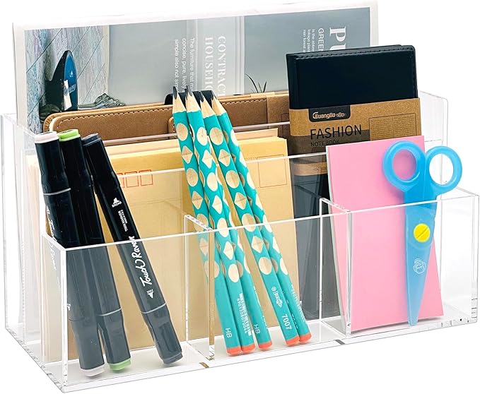 Mail Organizer, Mail Holder with 5 Slots, Modern Mail Sorter Basket for Countertop, Acrylic Desktop Bill Letter Envelope Holder, Clear