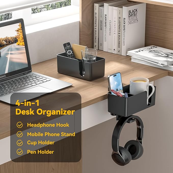 KDD 4 in 1 Desk Cup Holder - Clamp on Under Desk Headphone Hanger - Rotating Headphone Holder Detachable Pen Cup Holder Desk Storage for Cup, Phone and Pen(Black)