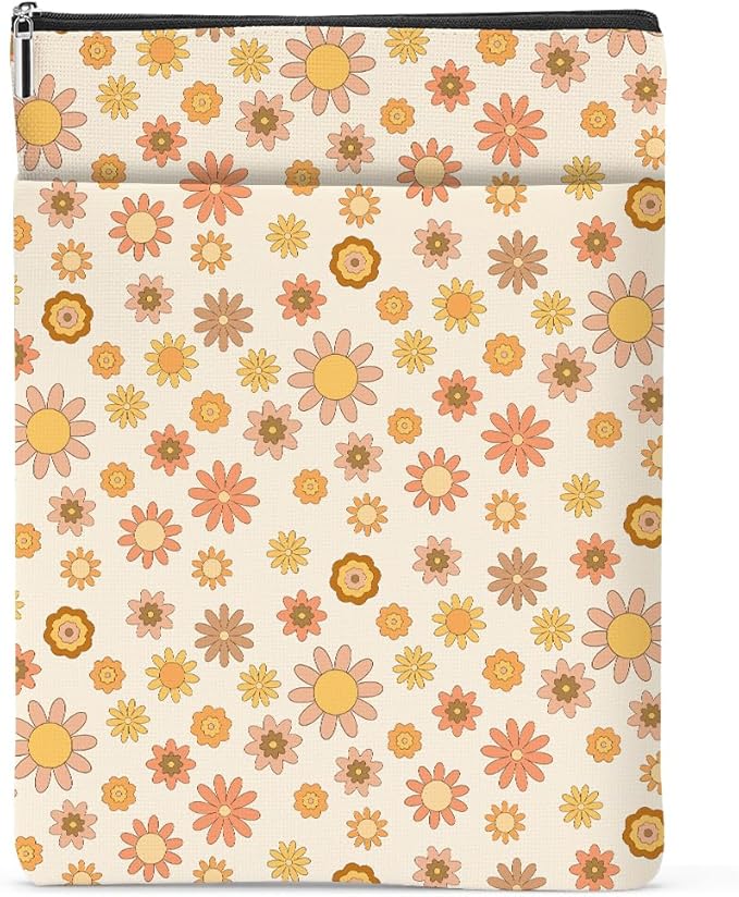 Retro Floral Pattern Book Lovers Gifts Waterproof Book Sleeve Book Pouch Book Protector with Zipper and Front Pocket BookCover Case for Women Girl Best Friend Sister Book Accessories Book Club Gifts