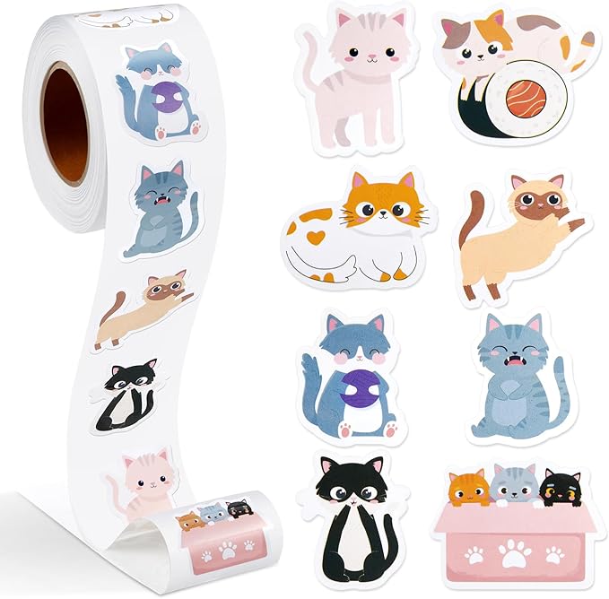 1 Roll Animal Stickers Reward Cute Space Stickers Office Supplies Incentives Sticker Animal Party Favor Decal, 500 Pcs Each Roll(Cat)
