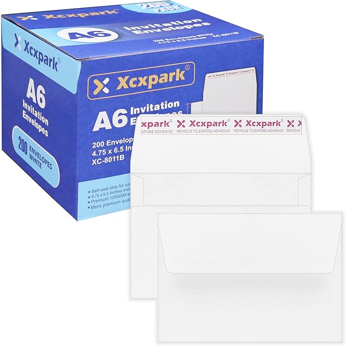 200 Qty Printable A6 Invitation Envelopes 4.75 x 6.5 Cards, Self Seal 120GSM white Paper Envelopes for Invitations, Papers, Photos, Documents, Wedding, Baby Shower, Easy to Seal and Peel
