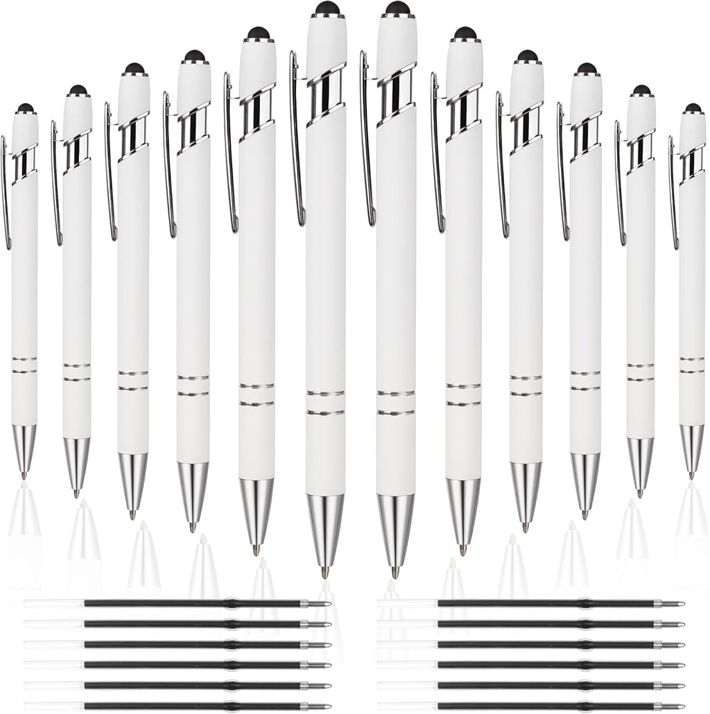 12 PCS 2 in 1 Stylus Ballpoint Pen with Stylus Tip, 1.0 mm Black Ink Metal Pen Stylus Pen for Touch Screens (Silver & White)