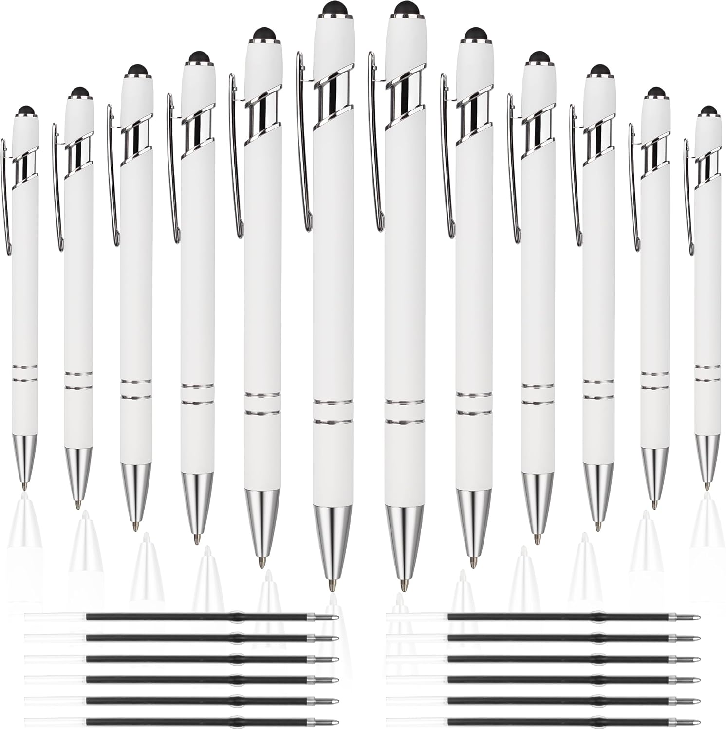 12 PCS 2 in 1 Stylus Ballpoint Pen with Stylus Tip, 1.0 mm Black Ink Metal Pen Stylus Pen for Touch Screens (Silver & White)