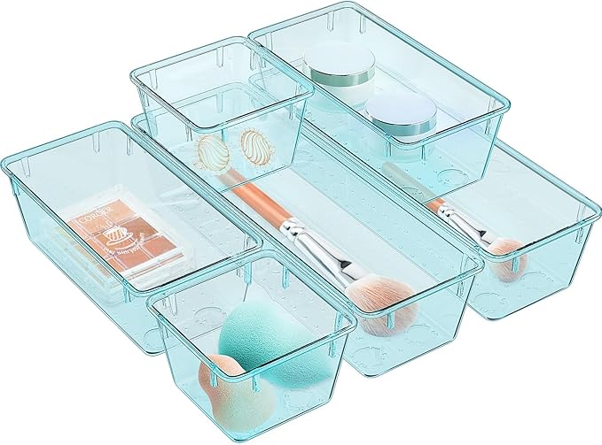 WOWBOX 6 Pack Clear Drawer Organizer Set, Acrylic Drawer Storage Trays, Storage Bins for Makeup, Cosmetics, Jewelries, Utensils, Gadgets, Office, Sea Blue
