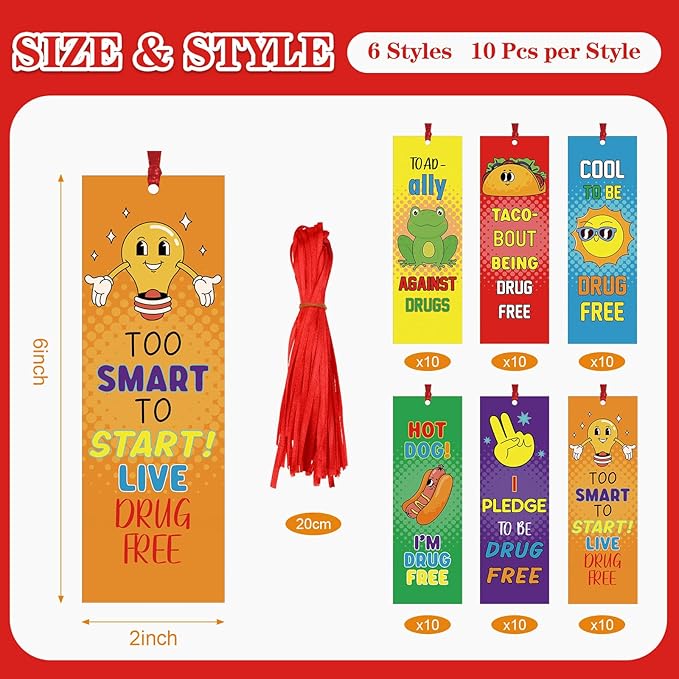 60 Pcs Red Ribbon Week Bookmark Drug Free Bookmarks Red Ribbon Awareness Bookmark Toad Ally Against Drugs Exchange Gifts for Kids Adult School Classroom Prizes Party Favors