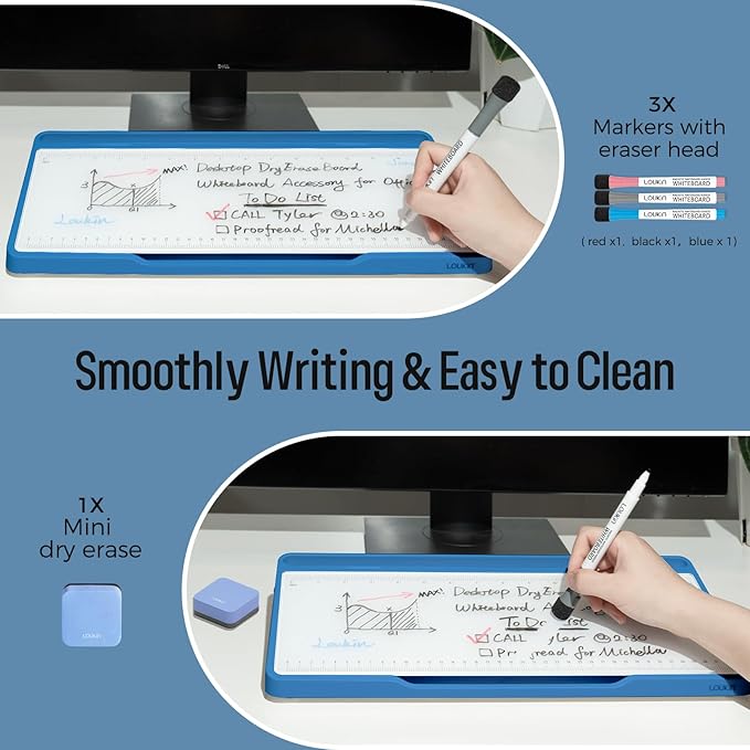 LOUKIN Glass Desktop Whiteboard, 15.3" x 5.6" Desktop Dry Erase Board with Dotted and Graduated Surface, Desktop Buddy, Great for Design and Drawing, 3 Markers and 1 Dry Erase Eraser Included (Blue)
