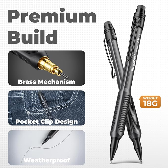 Nicpro 3 PCS 1.3 mm Mechanical Pencil Set with 72 PCS Lead Refill,3 Erasers-HD1000 Carpenter Pencils, Weatherproof Metal Heavy Duty Construction Pencil for Outdoor Marking Drafting Drawing Woodworking