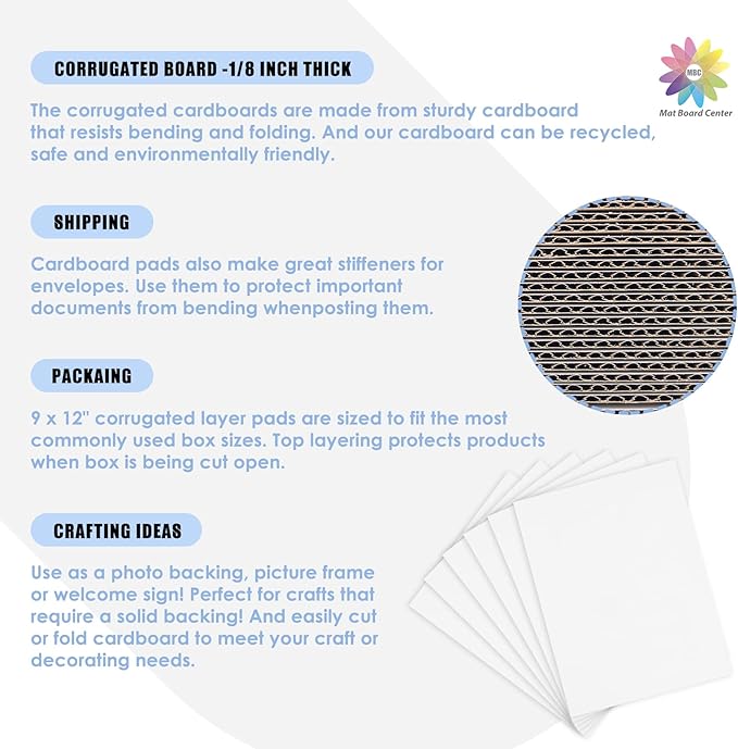 Mat Board Center, 25 pack 9x12 Corrugated Cardboard sheet, 1/8 inch thick, Flat Cardboard Inserts for Mailing, Packaging & Shipping, Cardboard Backing, Craft Card Board (White on one side)