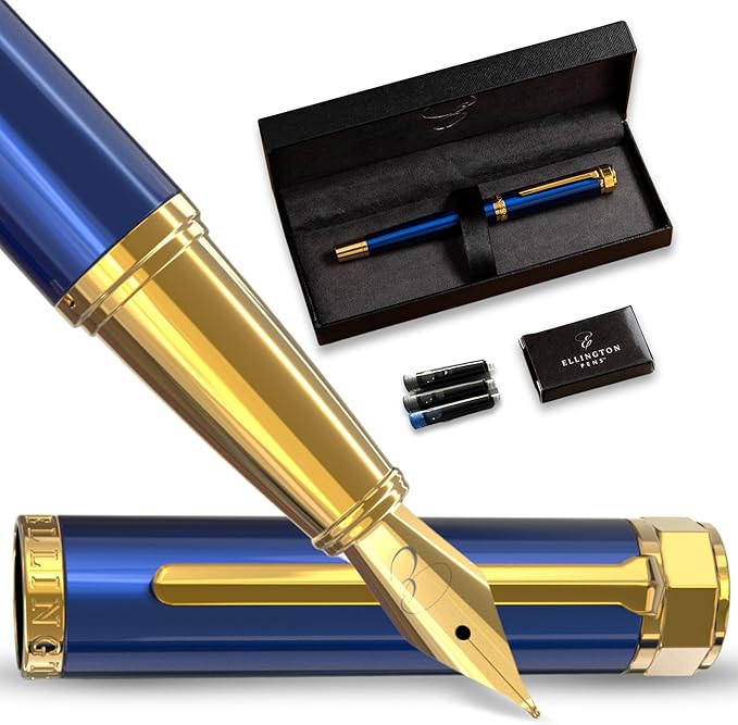 Luxury Fountain Pen Set- Fountain Pens for Writing - Smooth Fine Nib - Includes Refillable Ink Converter, 3 Ink Cartridges [Black & Blue], Gift Box - Elegant Calligraphy