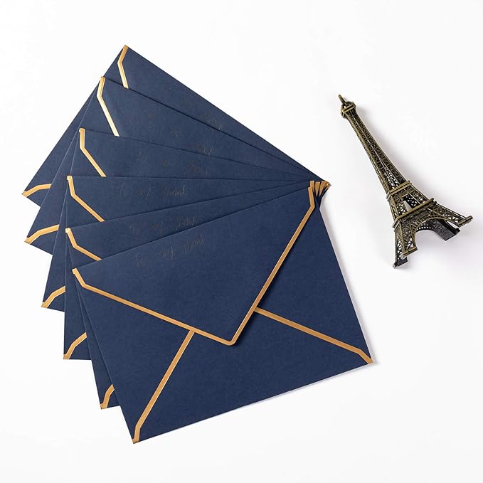 50 Pack Navy Blue A4 Envelopes 4x6 Self-Adhesive V Flap Envelopes with Gold Border for Office, Greeting Card, Wedding, Graduation, Baby Shower, Parties, Invitations (4.25x6.25 inches)