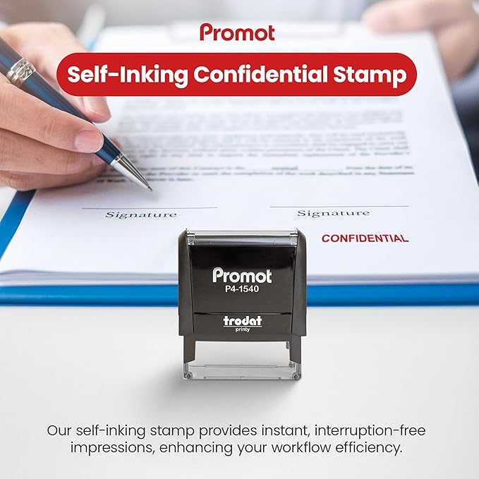 Promot Confidential Self Inking Rubber Stamp - Refillable Office Stamps - Business, Bookkeeping, Ordering, Accounting, Work, Notary Stamper - Red Ink