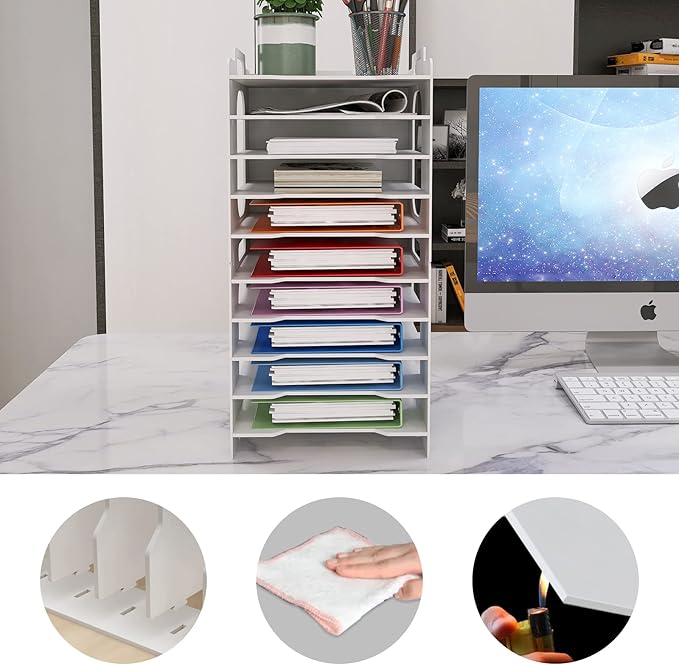 Natwind Office Stackable Paper Organizer for Desk White Desktop File Sorter Desk Organizer Letter Tray Holder Document Storage Rack for Home Office School 10-Tier