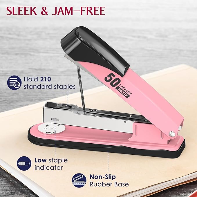 Metal Stapler Heavy Duty 50 Sheet Capacity with 1750 Staples and Staple Remover, Pink Stapler Full Strip Staplers for Desk, No Jam, Non-Slip Office Stapler with Staples for Office & Classroom, Pink