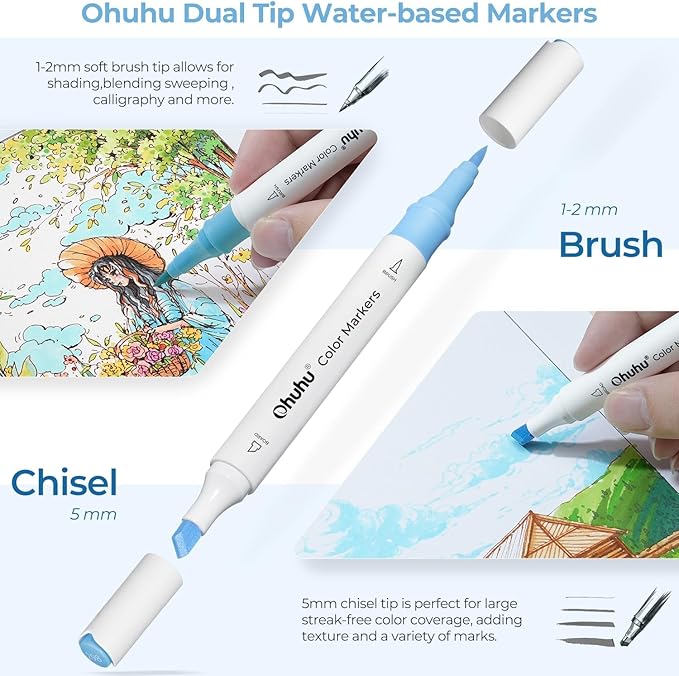 Ohuhu Markers for Adult Coloring Books No bleeding 64 Colors Water-based Coloring Markers Dual Tips Chisel & Brush Drawing Pens Art Markers for Kids Adults Beginners Lettering Journaling
