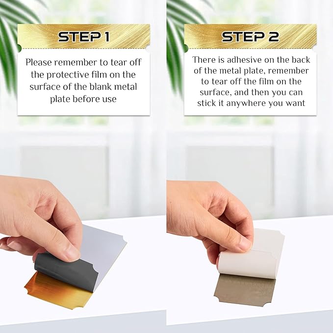 Therwen 30 Pcs Name Plates Laser Engraved Brushed Stainless Steel Plate Personalized Plaque Blank Custom Name Tag Frame Label with Adhesive Backing(Silver and Gold Notched Corner,4''x 2'')