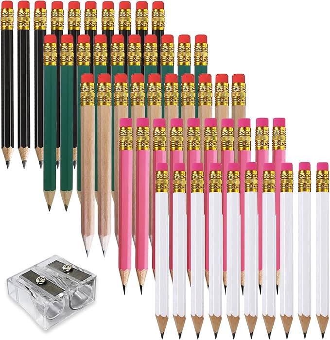 Adhere 25pcs Golf Pencils with eraser Hexagon Wooden Pencils Graphite 2B for Golf Event Scoring,Classroom,Wedding,Company Meetings,Pew, Pocket (Black・White・Green・Pink・Nature・50pcs)