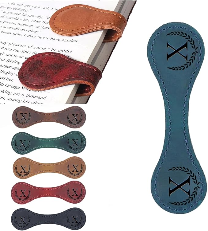 Personalized Magnetic Leather Bookmark, 26 Letters Custom Leather Bookmarks, Handmade, Leather Magnetic Bookmark for Book Lovers Readers Women Kid(Blue，X）