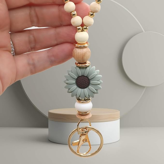 Wooden Teacher Lanyards for Id Badge Cute Flower Wood and Gold Beaded Lanyards for Women for Nurse Badge