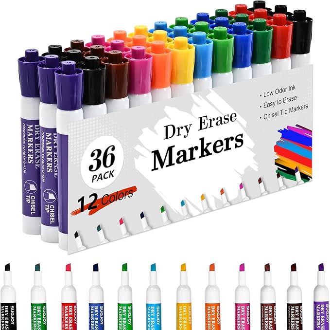 Dry Erase Markers, Chisel Tip Whiteboard Markers, Low Odor Dry Erase Marker, 36 Bulk 12 Assorted Color Markers for Kids/Teachers