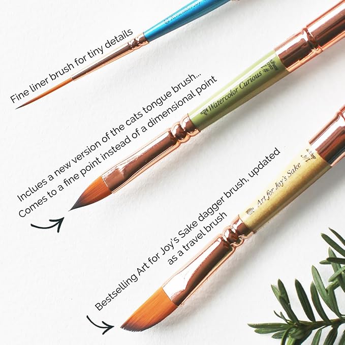 Set of 3 Travel Watercolor Brushes in Inspirational Pouch Designed for Watercolor, Gouache and Acrylic Paints