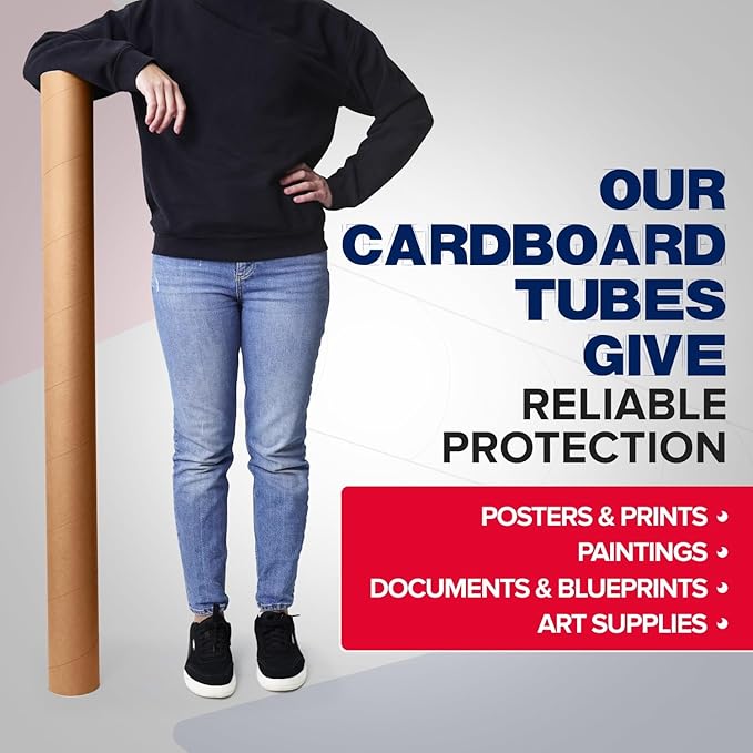 4" x 48" Reinforced Kraft Paper Mailing Tube, Pack of 1 Tube with 2 Caps – Secure USPS Approved Poster Tube – Made in USA Cardboard Tube for Shipping and Storing Posters, Prints, Artwork, or Documents