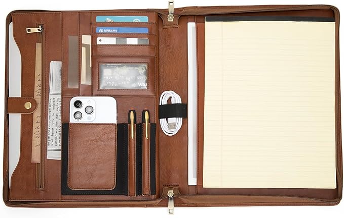 Genuine Leather Portfolio Binder, Zippered Padfolio for Men Women, Business Folio with 8.5” x 11” Notebook Holder and 13” Laptop Sleeve, Professional Executive Folder, Brown, Oil Tanned