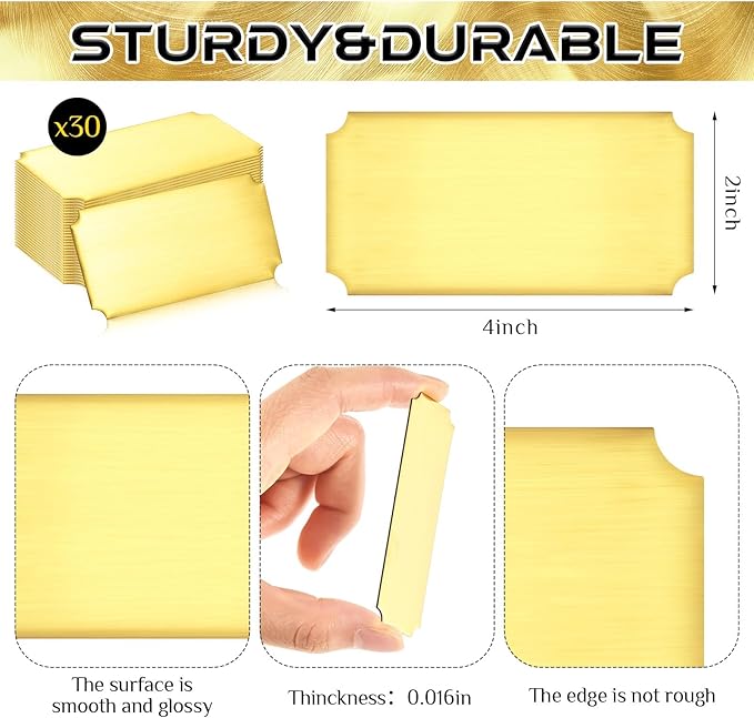 Therwen 30 Pcs Name Plates Laser Engraved Brushed Stainless Steel Plate Personalized Plaque Blank Custom Name Tag Frame Label with Adhesive Backing(Gold Notched Corner,4''x 2'')