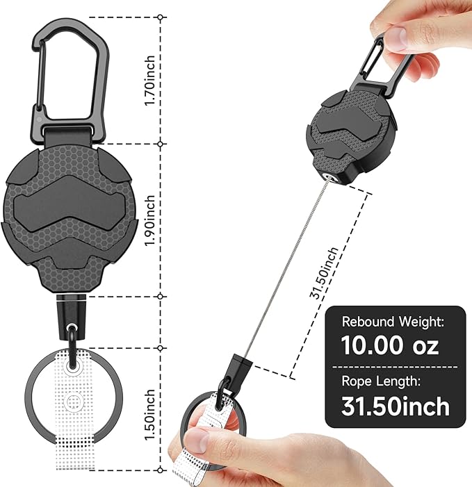 Retractable Keychain Badge Holder with Belt Clip, Heavy Duty Carabiner ID Badge Clip Reel, 32” Steel Retractable Cord, 10 oz Rebound，2pcs Black Keychain
