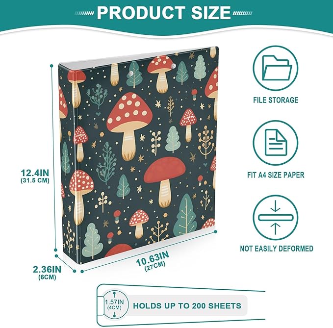 Cute Mushroom Red 3 Ring Binders with Clipboard File Folder for Office School with Pocket, 2 Pack, E01W24021