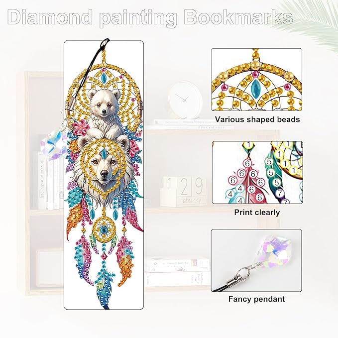 4 Pcs 5D Diamond Art Bookmarks for Book Lovers, Cute Animal Dreamcatcher Rhinestone PU Leather Diamond Crafts Bookmarks for Adults, Tassel Beaded Book Mark for Graduation Birthday Reading Present