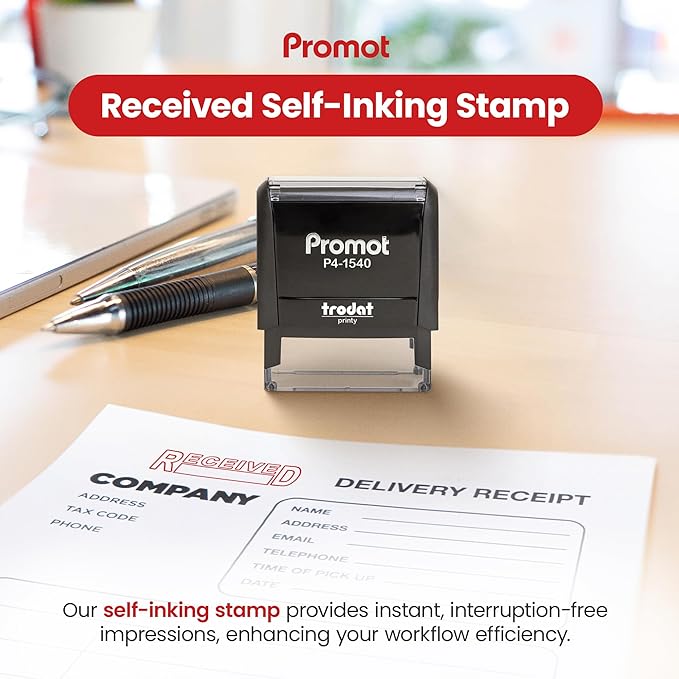 Promot Received Self Inking Rubber Stamp - Refillable Received Stamper - Business, Bookkeeping, Ordering, Accounting, Work, Office Stamps - Red Ink