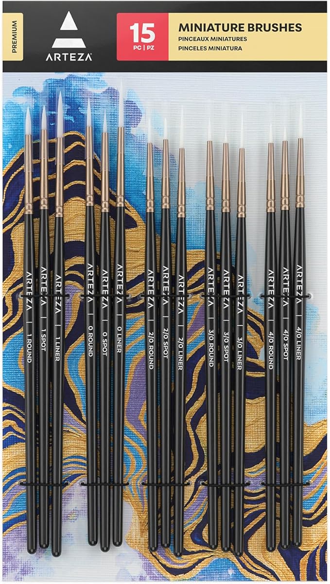 ARTEZA Detail Paint Brushes, Set of 15, Fine Detail Brush Set for Miniature Models and Canvases