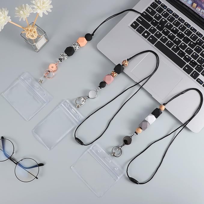 9 in 3 Set Retractable Lanyard for ID Badges, Teacher Lanyard with ID Holder Beaded Lanyards for Women Teacher Appreciation Gifts Stocking Stuffers for Girls