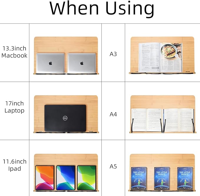 wishacc 24" Oversized Large Bamboo Book Stand & Holder for Reading Hands Free for Large Books in Bed,Cookbook,Textbook,Law,with 8 Adjustable Height Laptop Stand