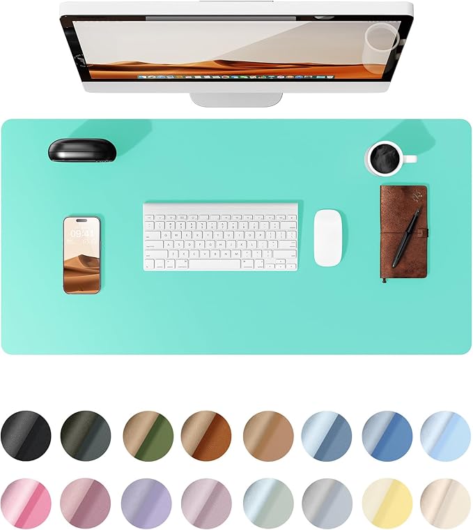 YSAGi Leather Desk Protector, Office Mat, Large Mouse Pad, Non-Slip PU Leather Blotter, Laptop Desk, Waterproof Writing Pad for Office and Home (Calamine Blue, 35.4" x 17")