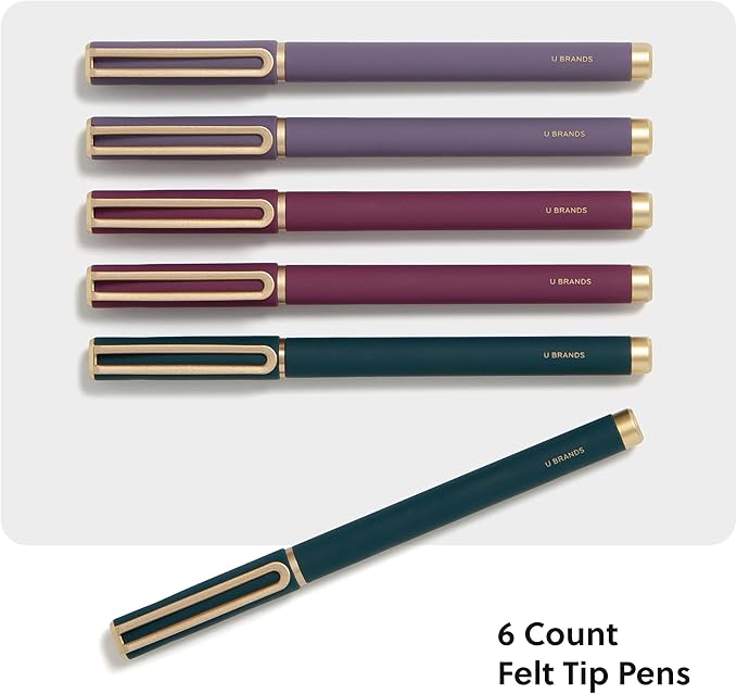 U Brands Catalina Felt Tip Pens, Set of 6, Soft Touch Jewel Tones with Gold Details, Medium (0.7 mm) Point, Black Ink
