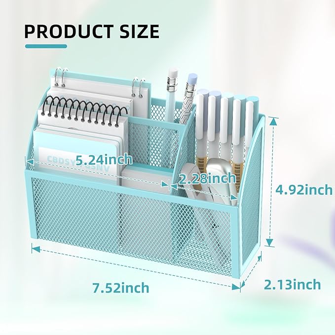 DALTACK Magnetic Pencil Holder - 3-Grid Mesh Shelf for Whiteboard, Refrigerator & Locker - Organizer for Home, School & Office, Blue