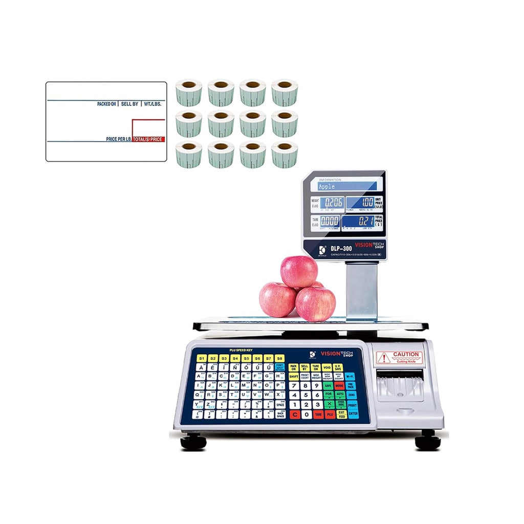 VisionTechShop DLP-300 Label Printing Scale Pole Display, 30/60lbs Capacity, 0.01/0.02lbs, NTEP Legal for Trade with a Free 1 case CAS LST-8010 UPC Label, 58 x 40mm