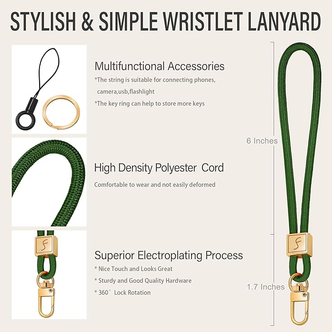 Fishent Keychain Wristlet lanyard, Cute Key Chain Holder, Upgraded Woven Wrist Lanyard for Keys, Wristlet Strap Keychain for Women Men Car Keys ID Badges Card Wallet Phone (Dark Green)