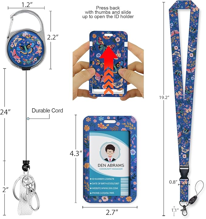 Lanyards for Id Badges, Butterfly Flowers Badge Holder with Retractable Reel Belt Clip, Cute Work Name Tag Lanyard Vertical ID Card Protector Case for Women Nurse Doctor Teacher Student