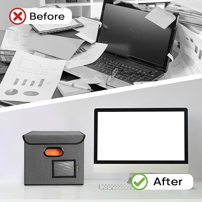 BALEINE File Organizer Box with Lid, Collapsible File Folder Organizer with Plastic Slide, Hanging File Folder Box for Office Document Storage (2 Pack, Black)